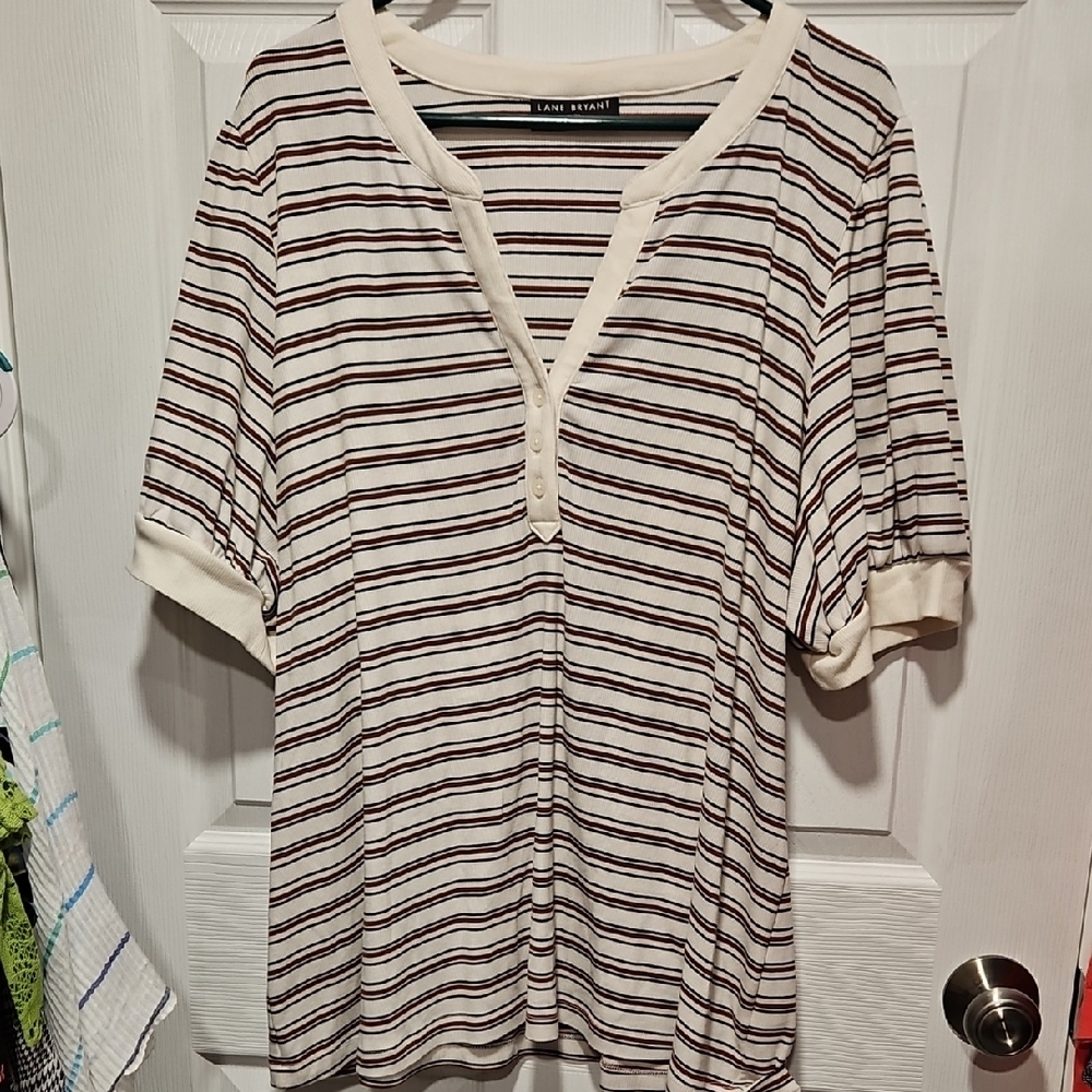 Lane Bryant Cream Henley Tee with Burgundy and Navy Stripes